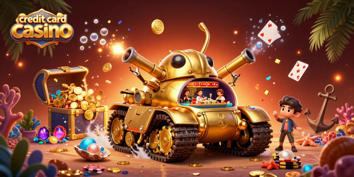 Experience excitement at a credit card casino with a 3D golden beetle tank and vibrant game elements.