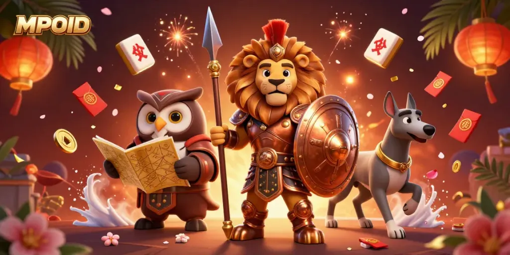 Experience the thrilling game dynamics with MPOID featuring a Spartan lion, an owl strategist, and a greyhound messenger.