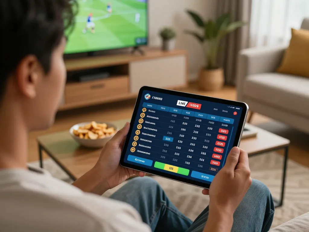 Person analyzing Keo nha cai odds on a tablet in a cozy home setting while enjoying a football match.