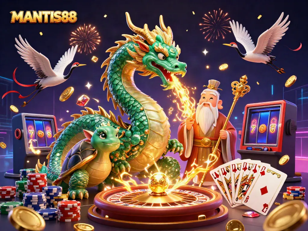 Experience MANTIS88 with a jade dragon and lucky cranes amidst coins and cards in a vibrant casino scene.
