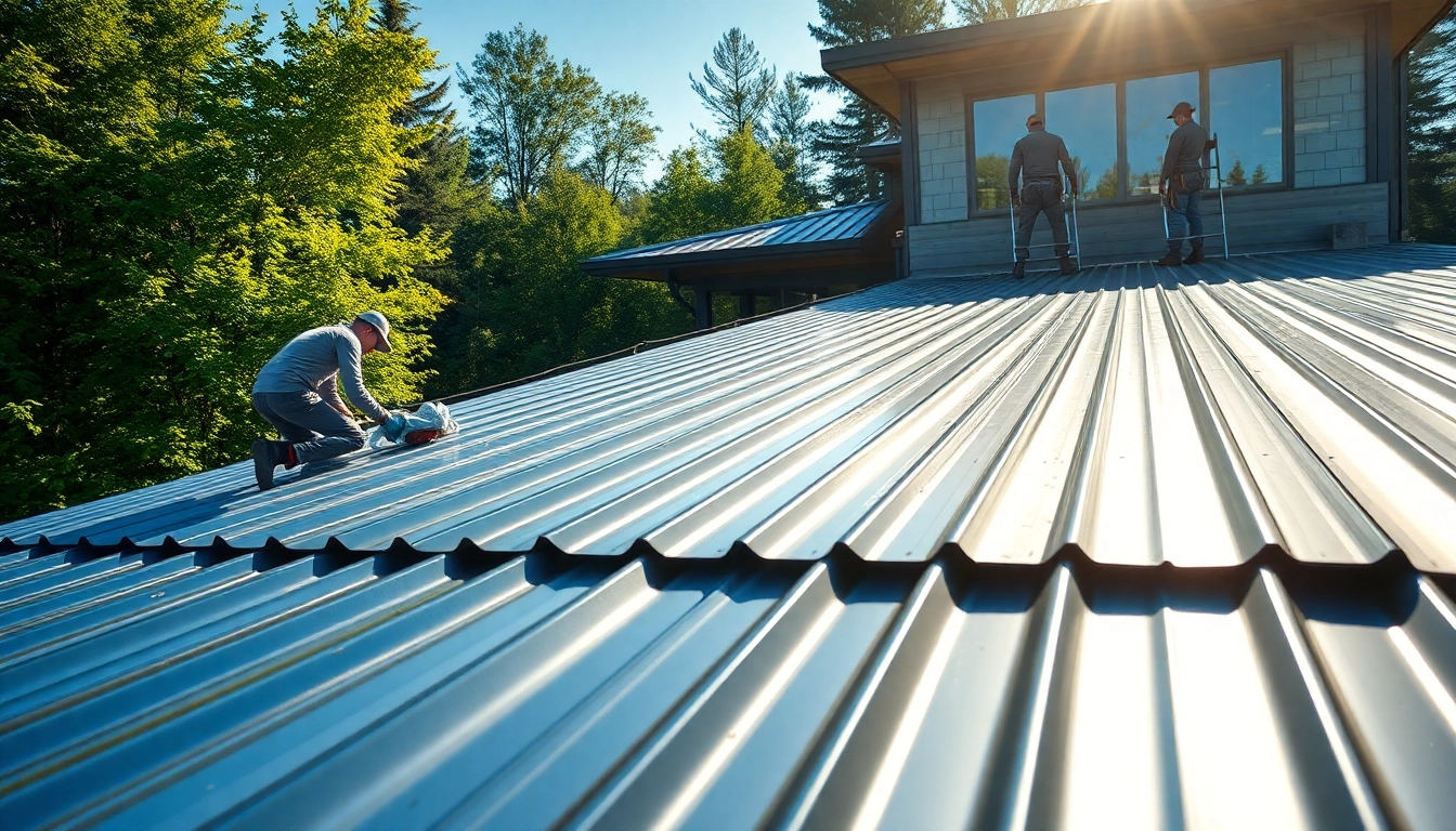 Workers expertly installing metal roofing on a modern home, enhancing aesthetic and durability.