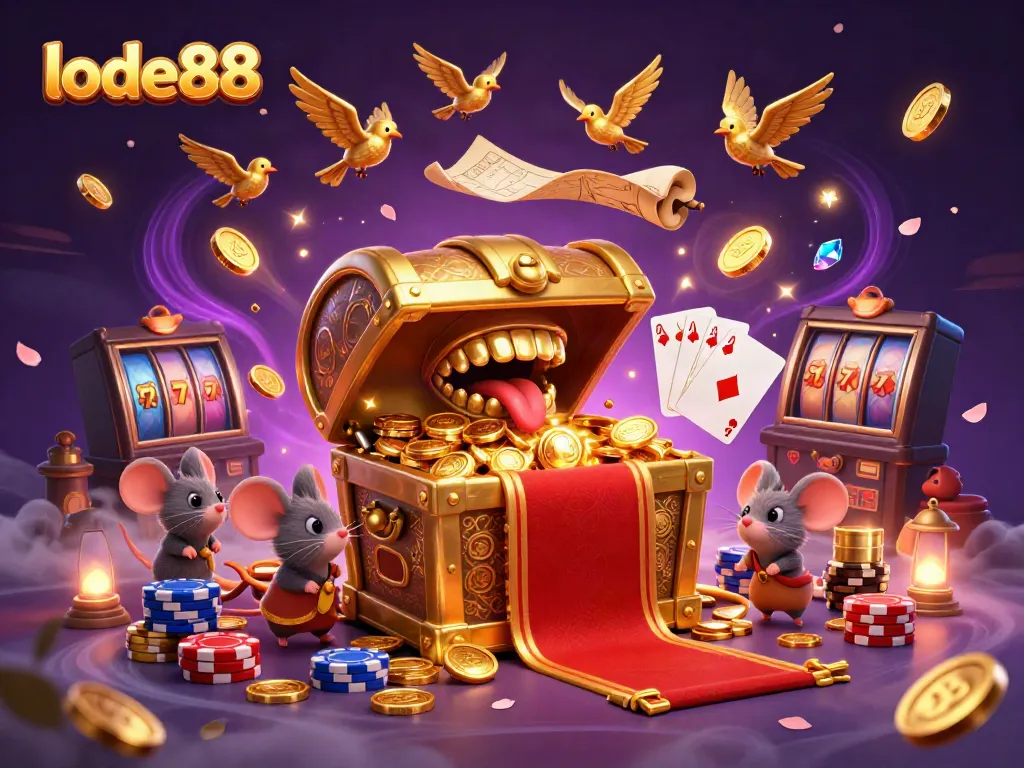Engage in thrilling gaming adventures with LODE88's vibrant online casino atmosphere, featuring a treasure chest, sparkling gems, and more.