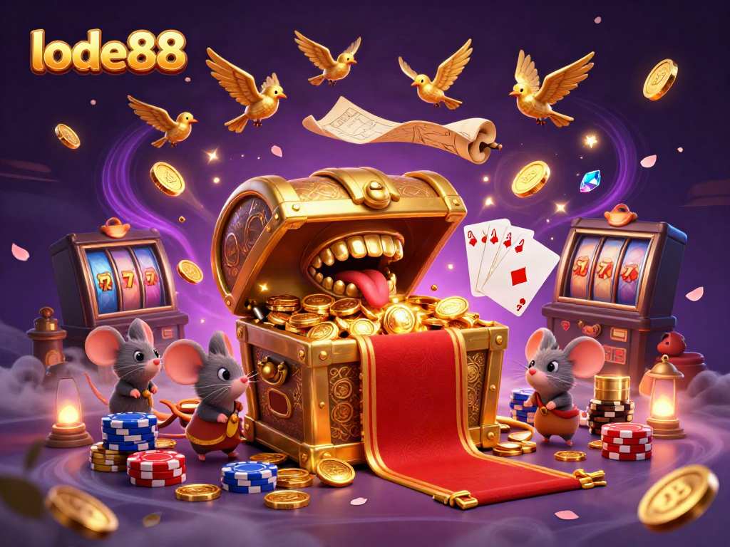 Engage in thrilling gaming adventures with LODE88's vibrant online casino atmosphere, featuring a treasure chest, sparkling gems, and more.
