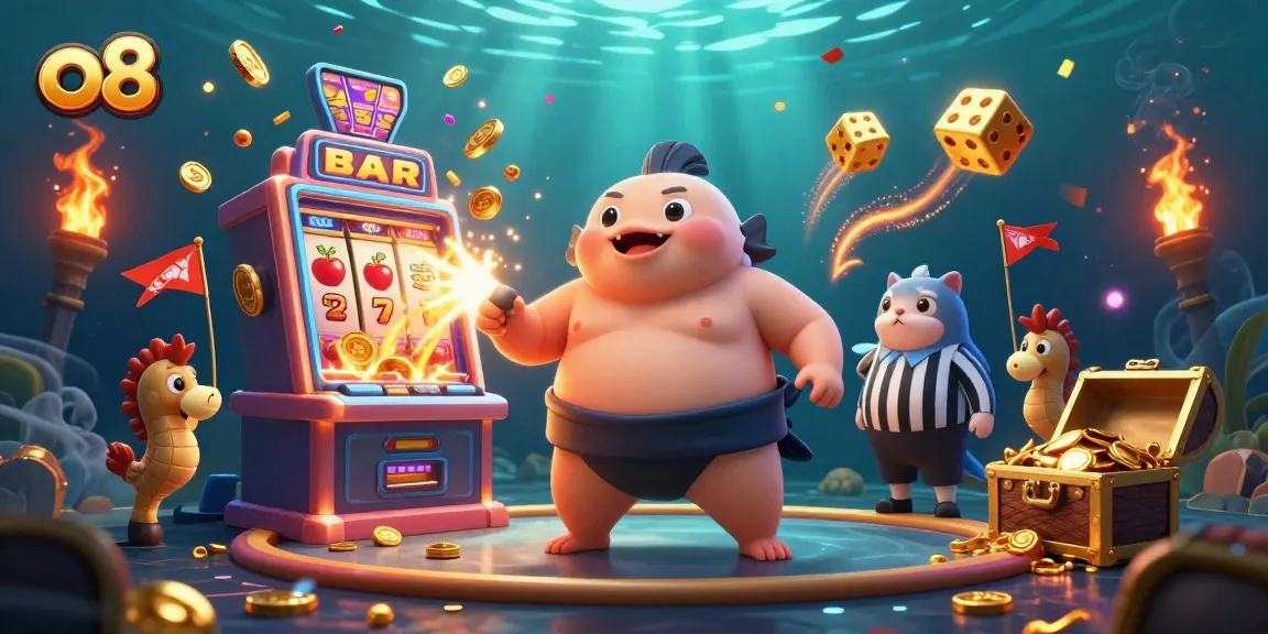 Spin to win jackpots at o8, featuring a cartoon blowfish and exciting slot game elements.