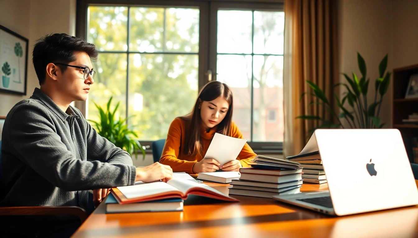 Skilled TOEFL test takers for hire engaged in focused study session at a wooden desk.