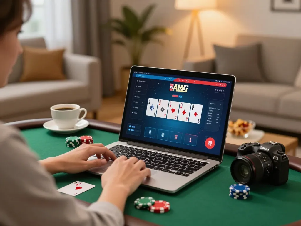 Engaging online poker session with rokok88 link alternatif displayed on screen, showcasing focused gameplay.