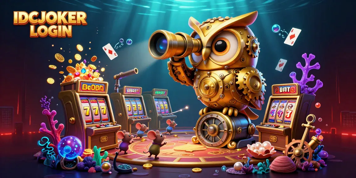 IDCJOKER LOGIN showcases an immersive casino scene filled with vibrant slot machines, gold coins, and playful characters.