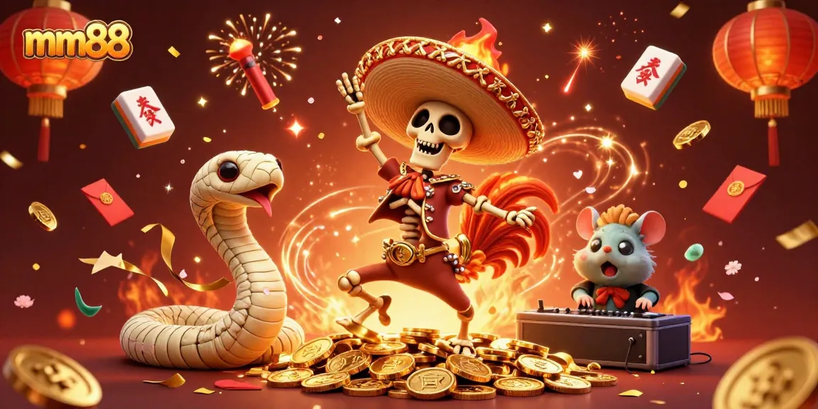 Experience the thrilling mm88 casino with a vibrant, dynamic celebration scene featuring fun characters.