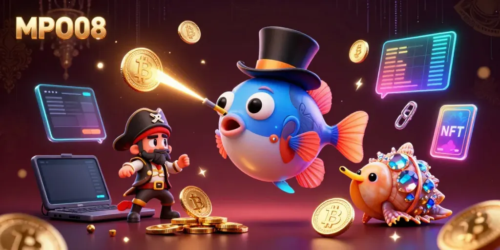 MPO08's captivating scene attracts luck with golden coins in a cartoon casino environment.