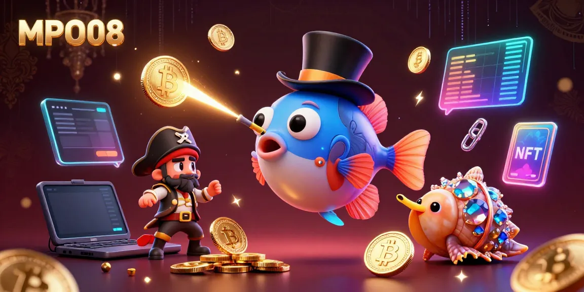 MPO08's captivating scene attracts luck with golden coins in a cartoon casino environment.