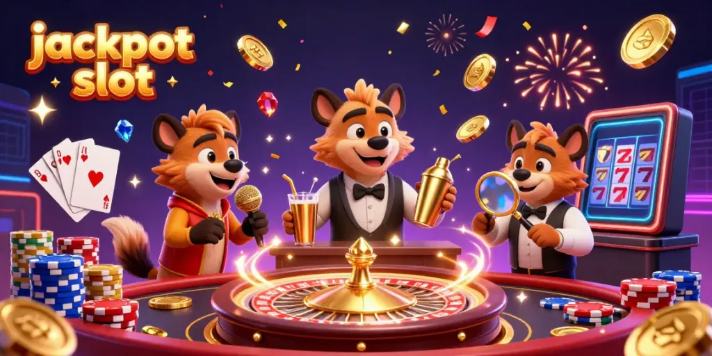 Engage with jackpot slot games in a fun casino atmosphere featuring hyenas at a comedy club.