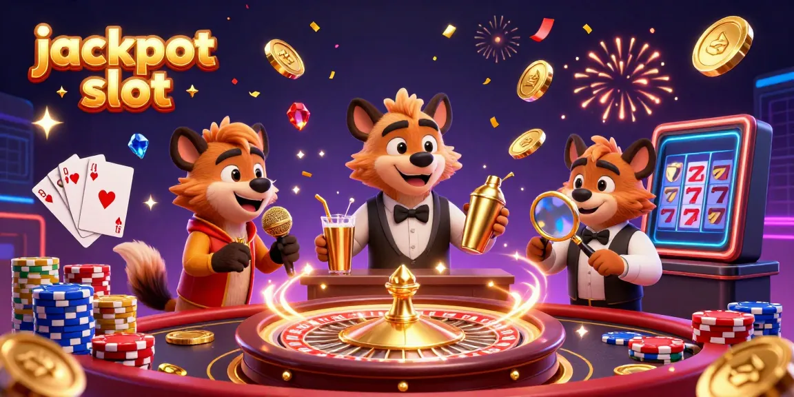 Engage with jackpot slot games in a fun casino atmosphere featuring hyenas at a comedy club.