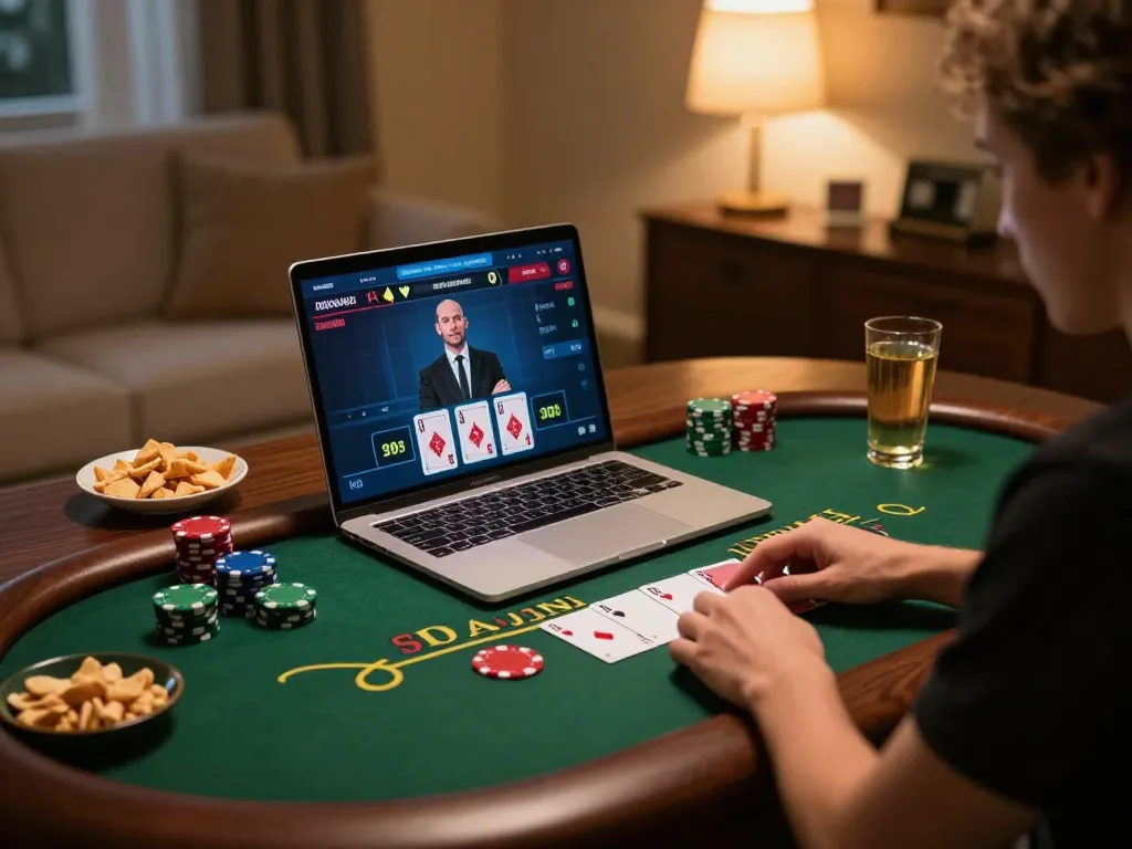 fun88 live dealer blackjack session on laptop with cozy home setup and snacks