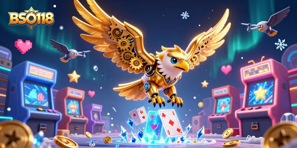 Experience the excitement of BSO118 with a vibrant 3D casino-themed illustration showcasing arcade elements and gaming features.