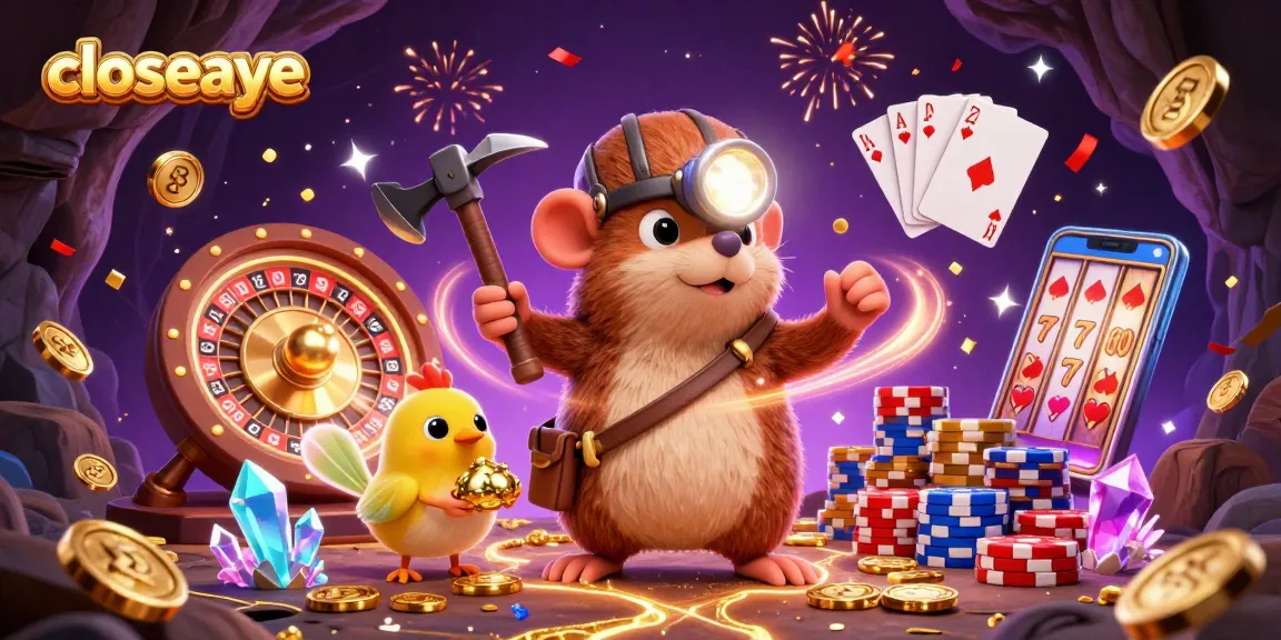 Closeaye offers thrilling casino experiences with a treasure hunter mole and vibrant illustrations of gaming elements.