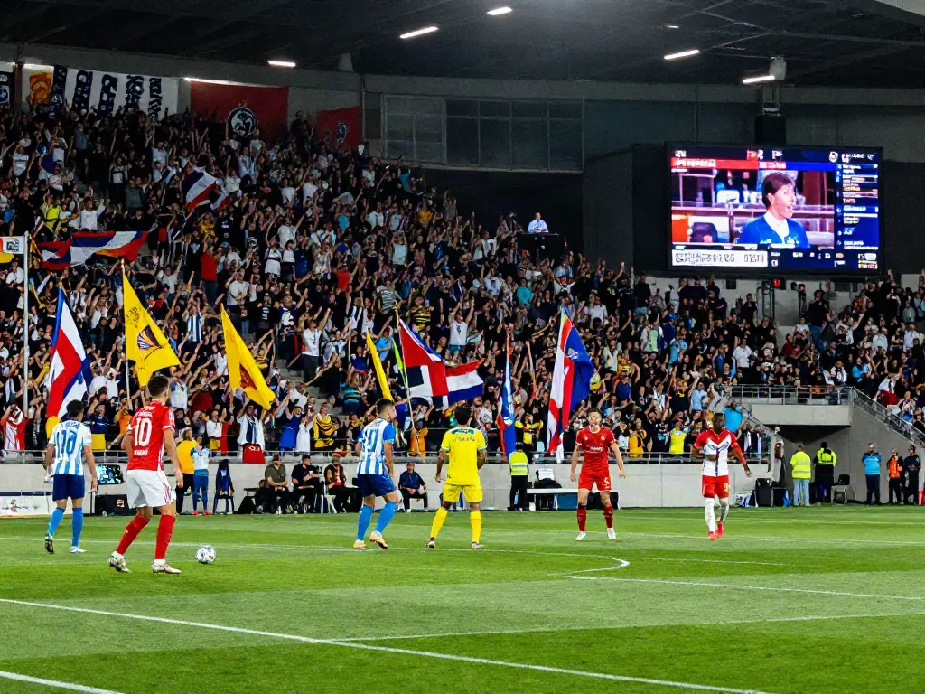 CakhiaTV live soccer match broadcast with fans cheering and players in action.