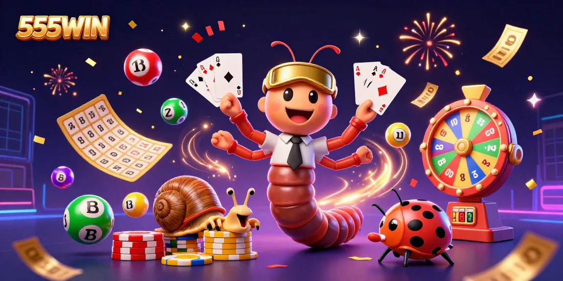 Experience the thrill of 555WIN with dynamic gaming characters in an exciting casino scene.
