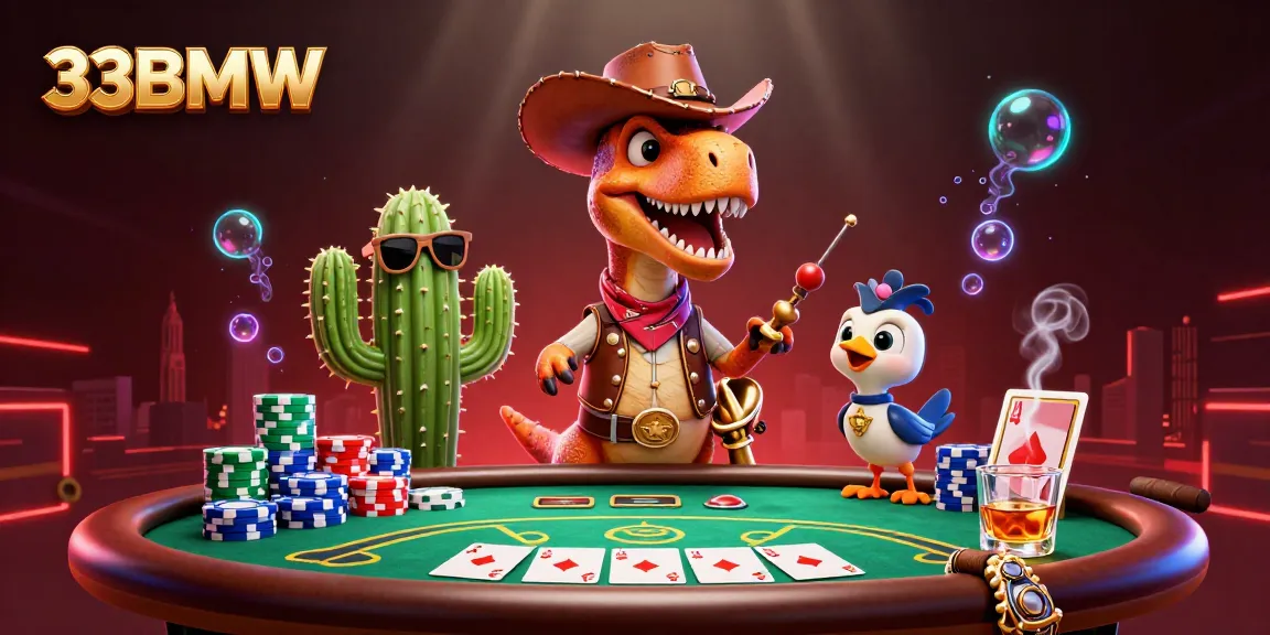 Experience thrilling gameplay with 33BMW's vibrant poker scene featuring T-Rex and friends.