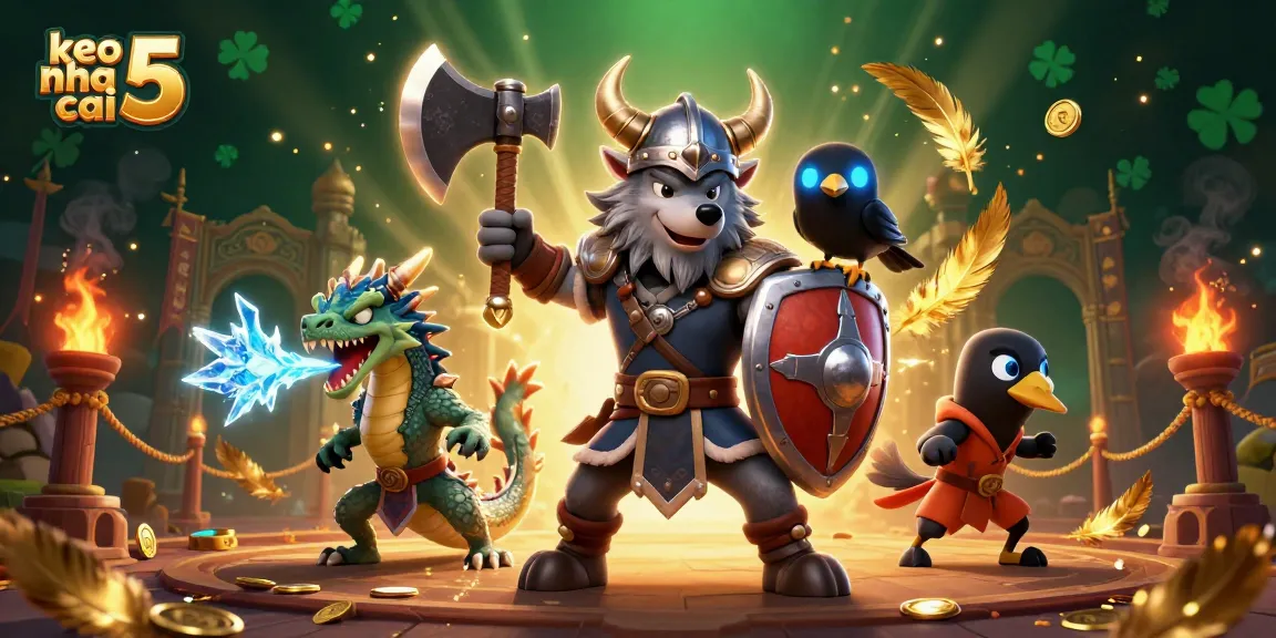 Experience keo nha cai 5 with intense gaming action featuring a Viking warrior and dragon in a dynamic battle arena!