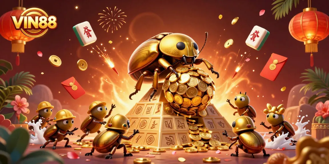 Experience the thrill of VIN88 with a golden beetle rolling coins in a vibrant casino scene.