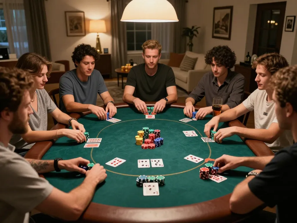 Players enjoying poker night at home with engaging action on the cards, showcasing rich atmosphere and camaraderie, rikvip