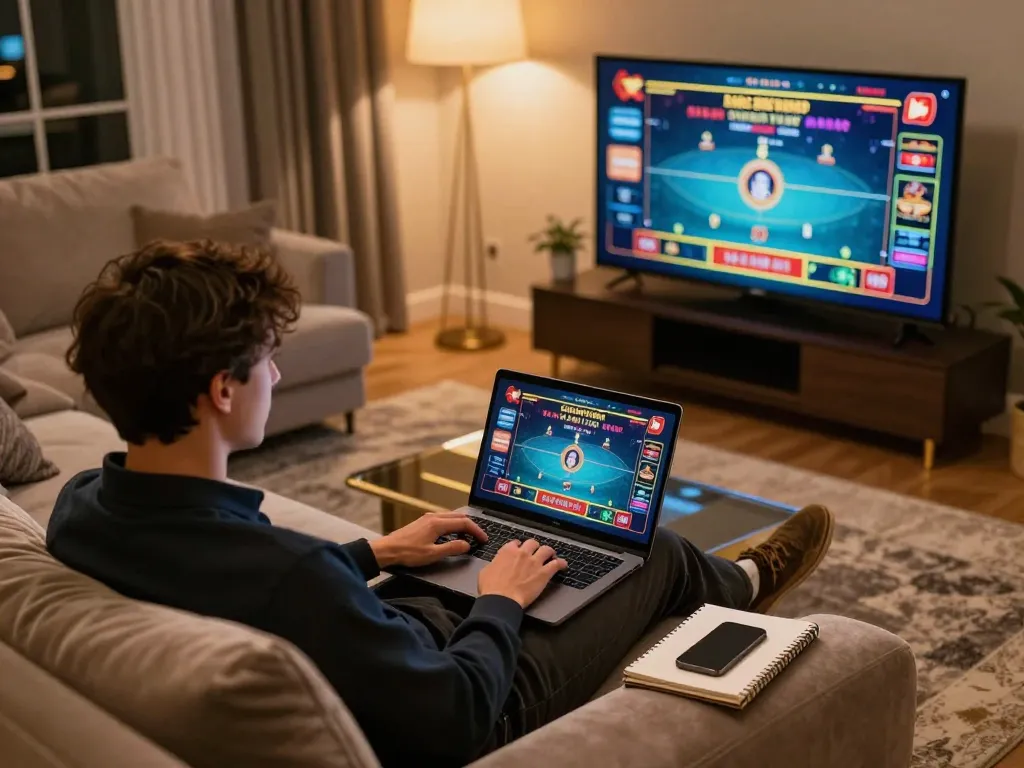 fa88vn player engaging in strategic online casino gaming from a cozy home setup