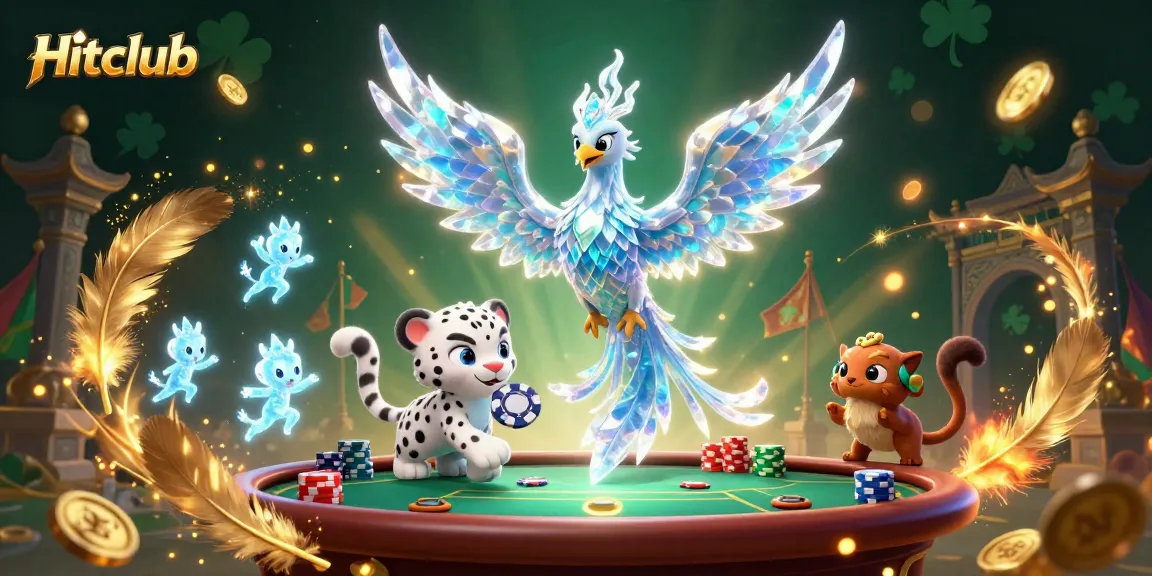 Hitclub ignites excitement as a snow leopard explores poker chips surrounded by vibrant ice characters.