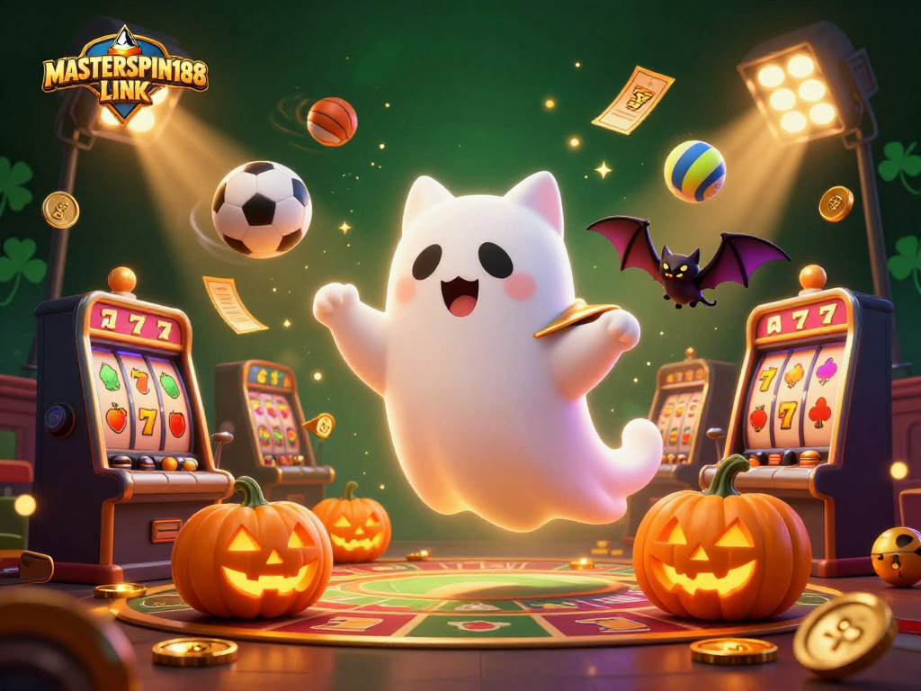 Capture the excitement of gambling with the MASTERSPIN188 LINK in a vibrant haunted casino scene.