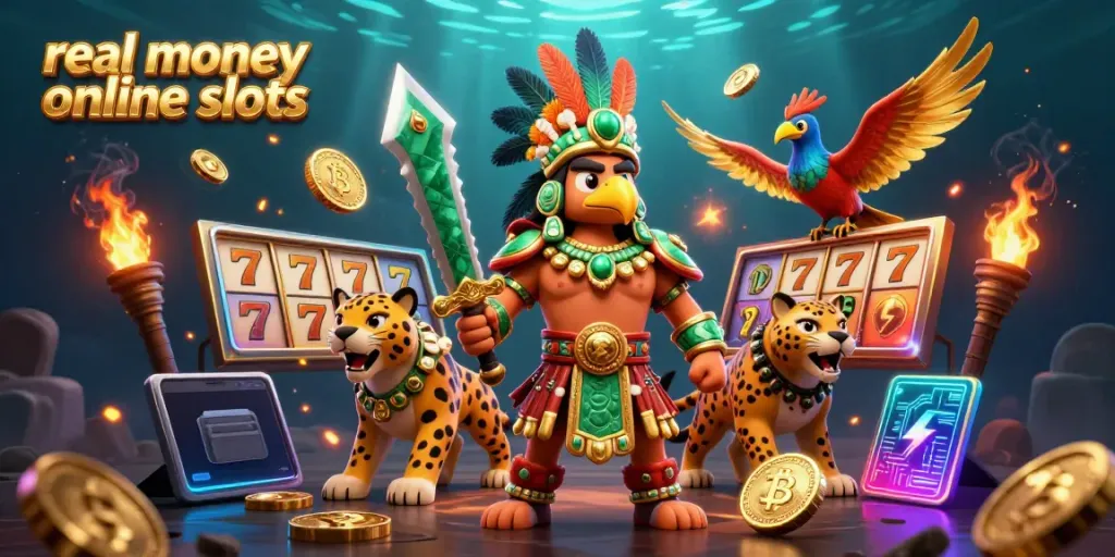 Engaging scene showcasing real money online slots with Aztec warriors, vibrant crypto coins, and slot elements.