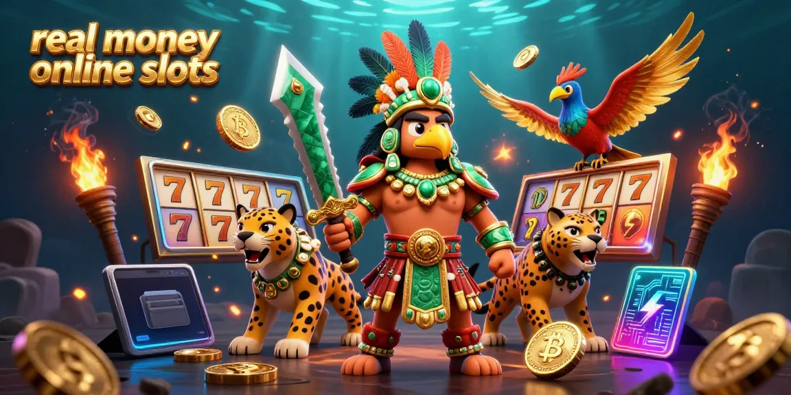 Engaging scene showcasing real money online slots with Aztec warriors, vibrant crypto coins, and slot elements.