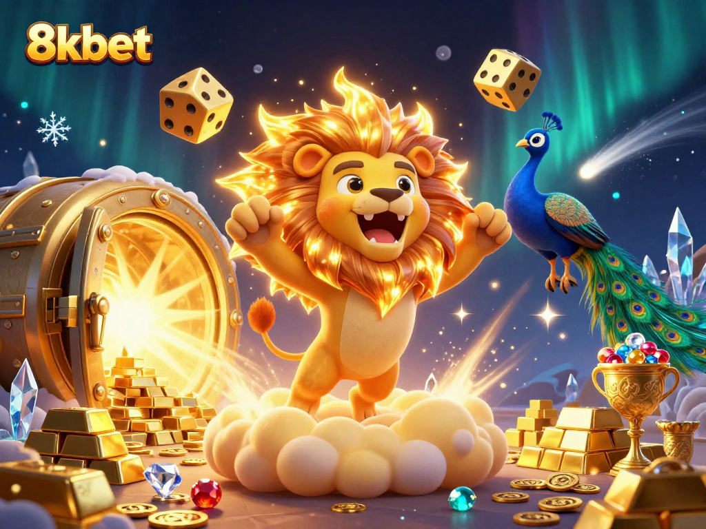 Play and win at 8xbet with a vibrant 3D casino scene showcasing games and treasures.