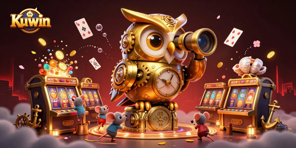 Kuwin offers a vibrant 3D visual of its dynamic casino atmosphere featuring golden owls and playful mice amidst treasures.