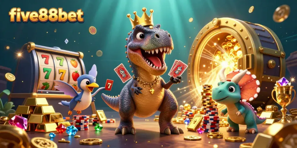 Engaging five88bet scene with friendly T-Rex shuffling cards and triceratops stacking chips amid colorful casino elements.