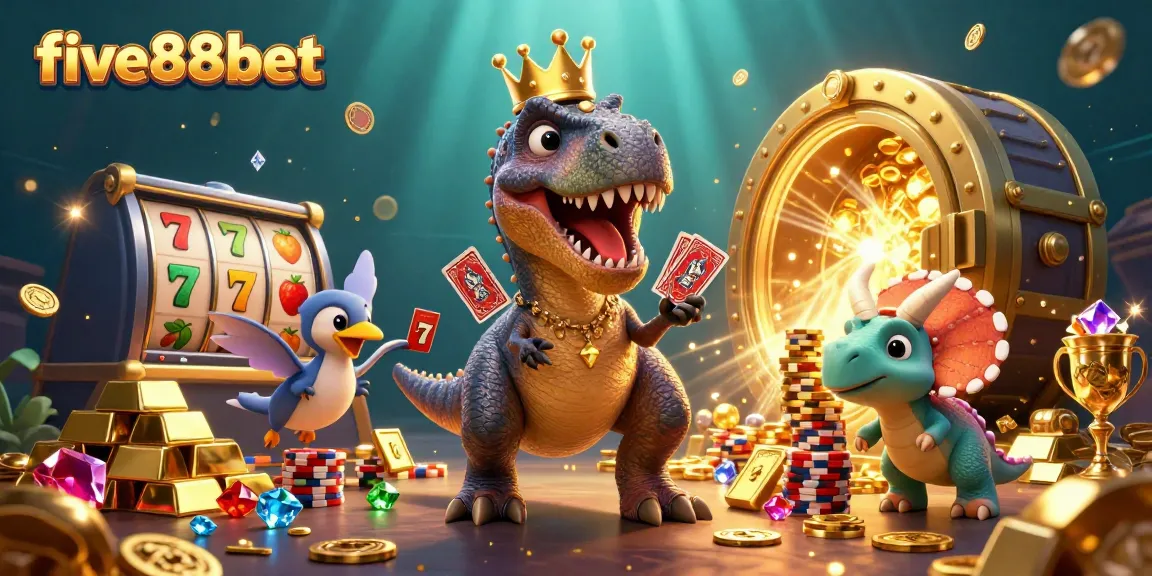 Engaging five88bet scene with friendly T-Rex shuffling cards and triceratops stacking chips amid colorful casino elements.