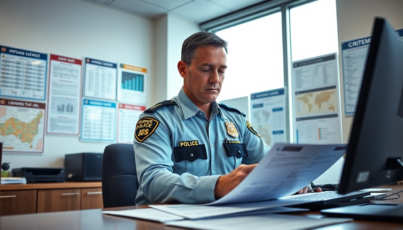 Officer analyzing orange county jail inmate booking information in a modern office setting