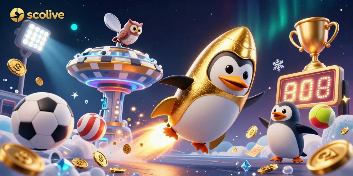 Socolive showcases a golden penguin blasting to a casino space station amidst sports elements.