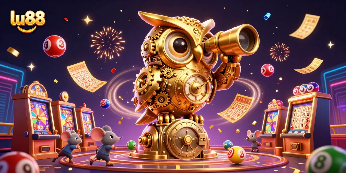 Engage with lu88's vibrant casino scene featuring a golden owl and lottery elements.