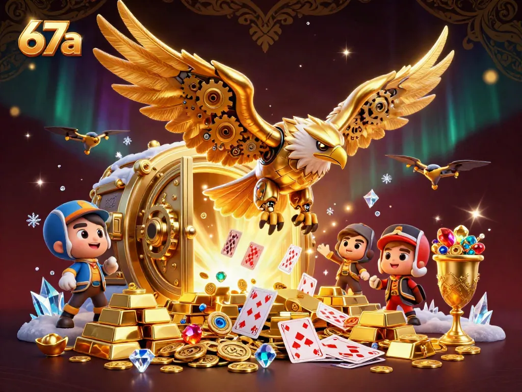 Experience thrilling gameplay at 67a illustrated with vibrant treasures, casino cards, and a golden eagle.
