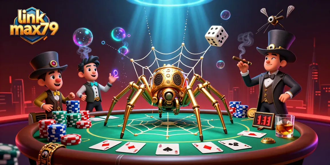 Engage in thrilling gameplay with link max79 as a steampunk spider entangles dice in a vibrant casino scene.