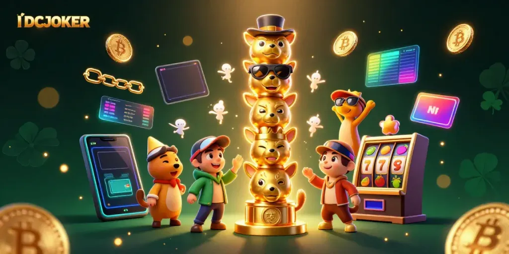 IDCJOKER illustrates thrilling slot gaming experience with vibrant totem characters and crypto elements