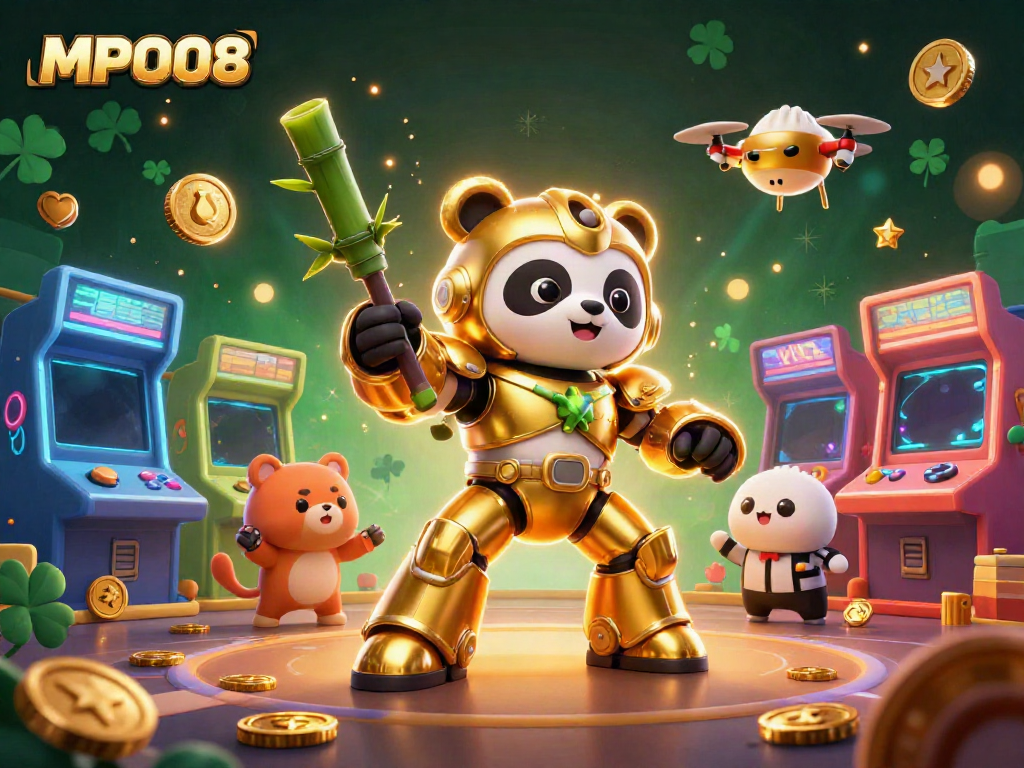 MPO08 offers a vibrant casino experience featuring a golden panda mech pilot in a dynamic gaming arena.