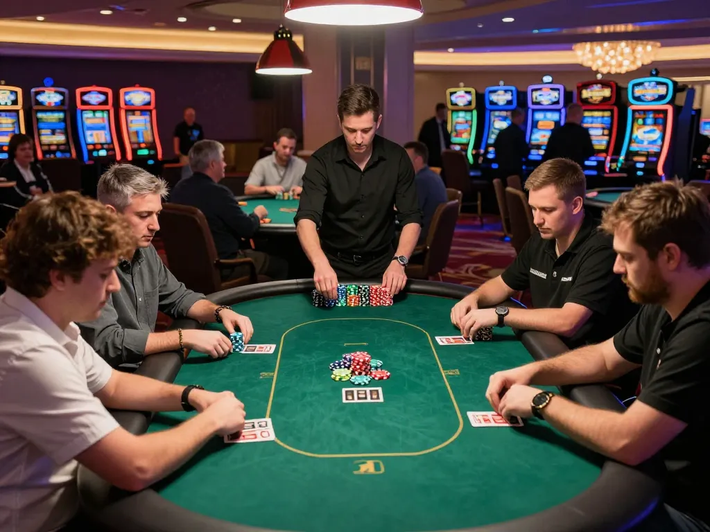 Engaged players strategizing at the poker table during a thrilling kong88 papi tournament in a vibrant casino