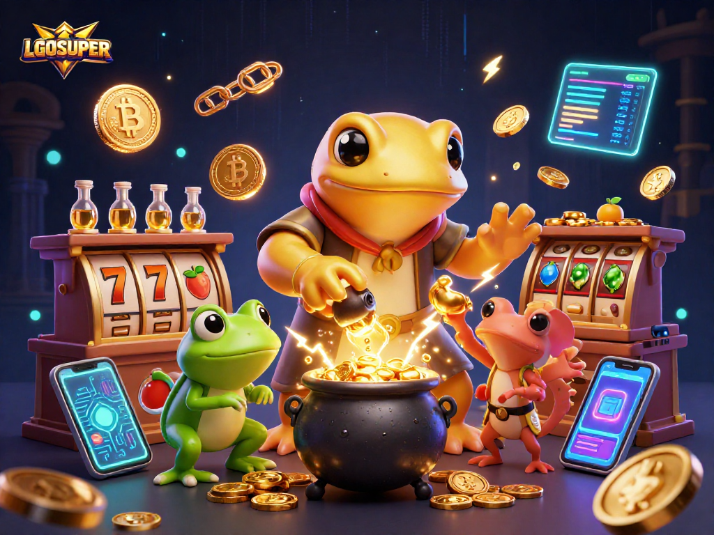 Experience winning outcomes with LGOSUPER's vibrant 3D illustration of a casino alchemist enriching gambling adventures.