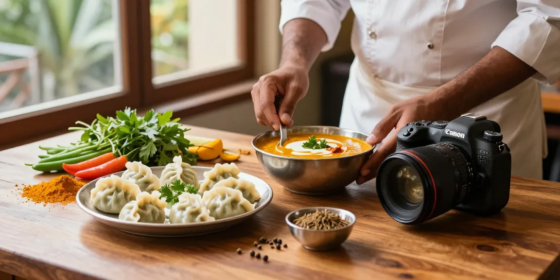 Delicious rokok88 Indian curry preparation with momo Nepalese dumplings in an inviting restaurant setting.