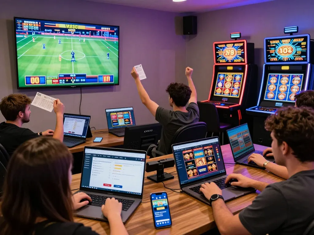 Engaged players enjoying VN88’s diverse gaming options, including sports betting and casino games in a modern online betting environment.