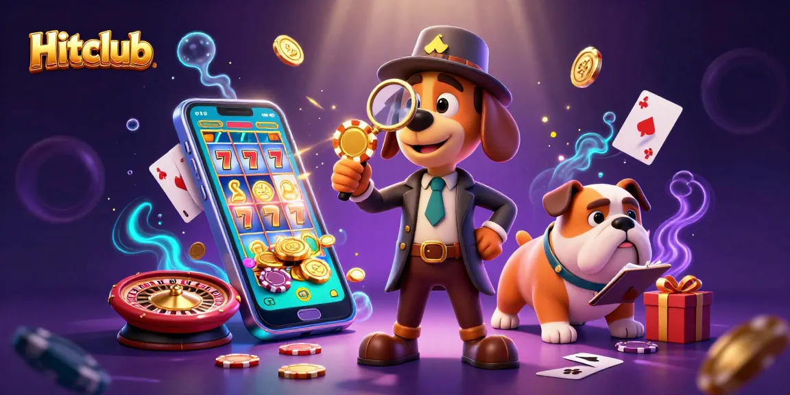 Hitclub highlights a casino investigation scene with a bloodhound and bulldog analyzing poker clues.