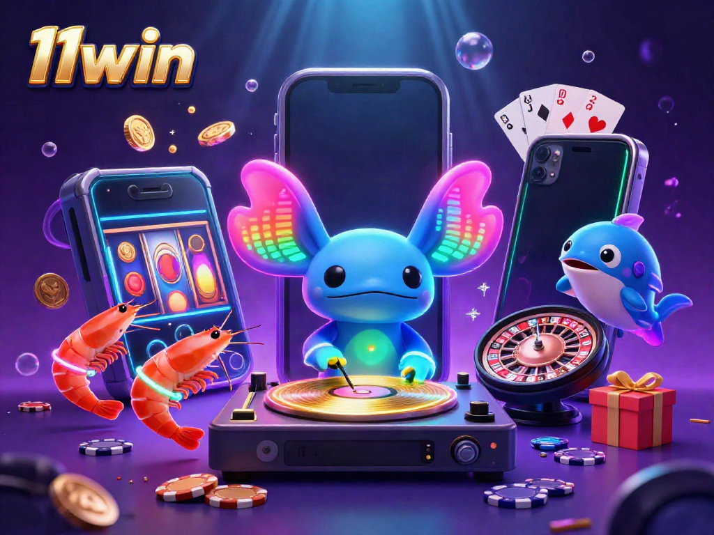 Engage with 11win's vibrant casino scene, showcasing neon characters, exciting games, and dynamic elements.