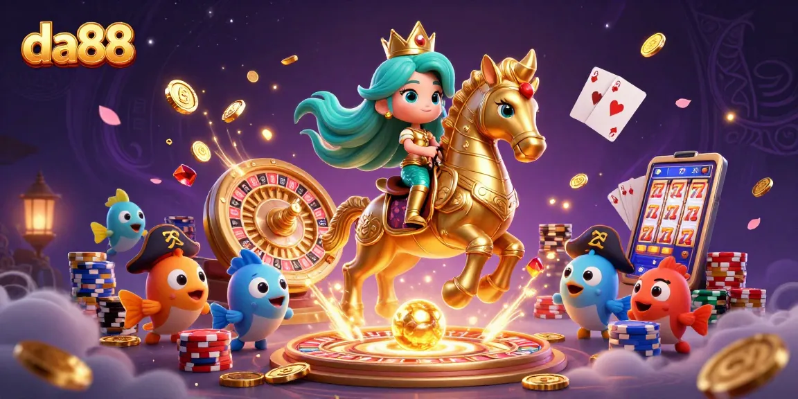 Experience da88's world of gaming with a mermaid princess and a golden seahorse amidst treasure.
