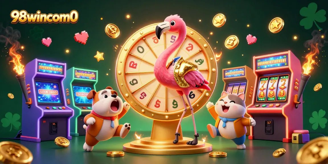 Excited bulldog joins flamingo host at 98wincom0's prize wheel, showcasing lively casino action.
