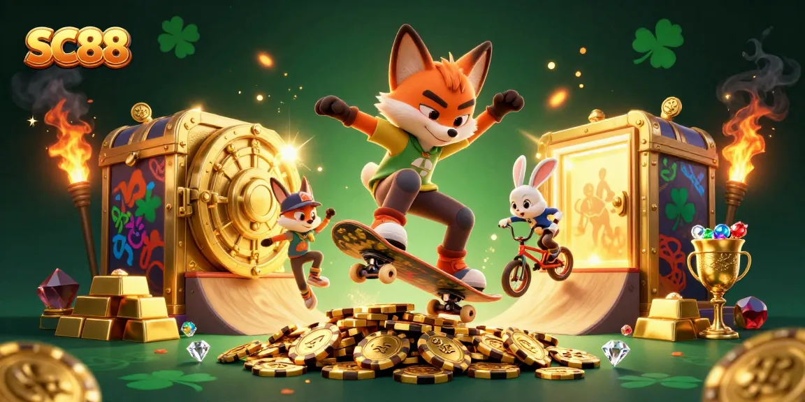 SC88 showcases a dynamic scene with a skateboarder fox and BMX rabbit in a colorful casino setting.